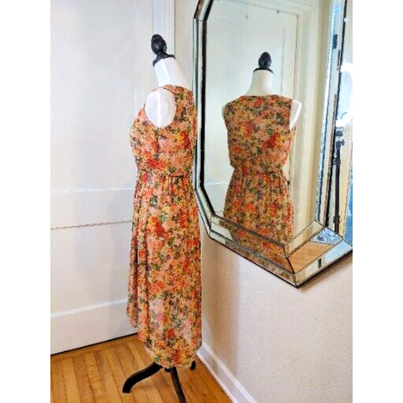 Y2K Chiffon Tapestry Slip Dress M Peach Floral Draped Pleats Hi-Lo Cottagecore - Picture 2 of 12